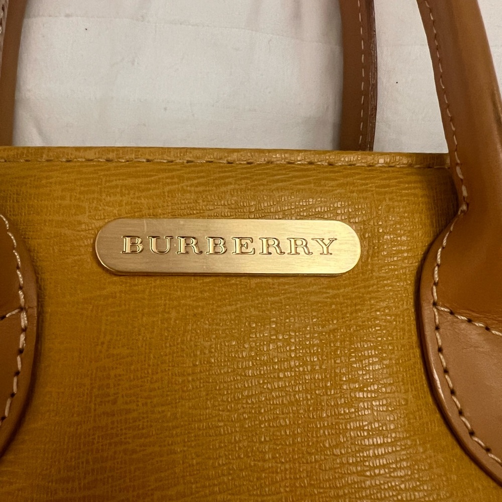 Burberry Yellow Leather Top Handle Handbag Vintage Haymarket Check Mustard Brown - Picture 5 of 12